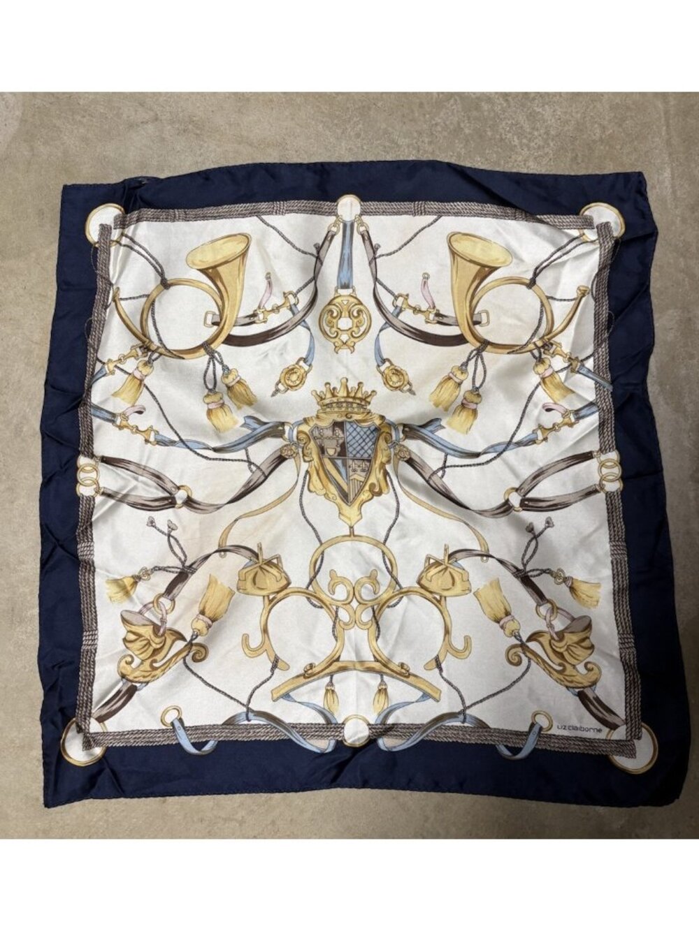Liz Claiborne Navy Blue Equestrian Scarf Crest Chain 19” Square